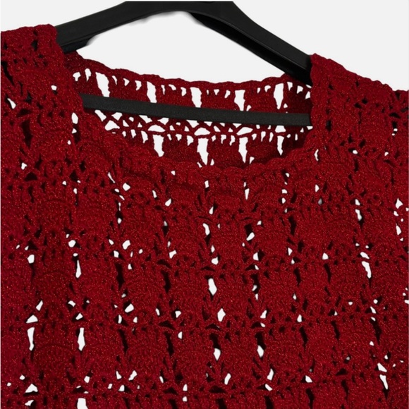 Red Crochet Lace Top VTG Handmade Sweater Vest M Parisian Vintage Artisan Boho - Picture 3 of 8